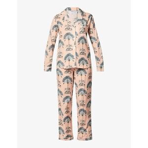 Desmond & Dempsey Ravenala Palm & Lemur Pajama Set XS Cotton Peach Pink Green